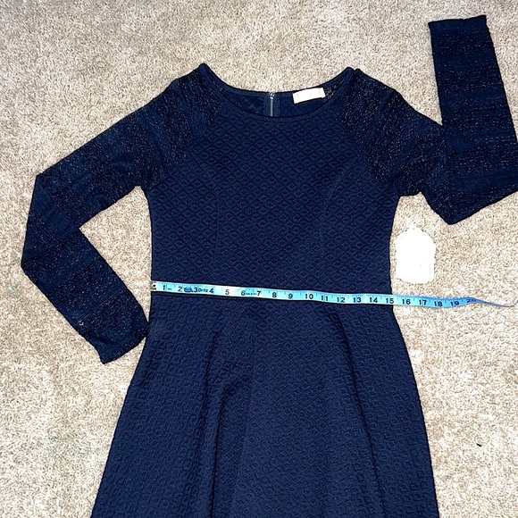 NWT Altar’d State (LG) Navy Blue Knit A-Line Fit & Flare Dress w/ Lace Sleeves - Picture 4 of 13
